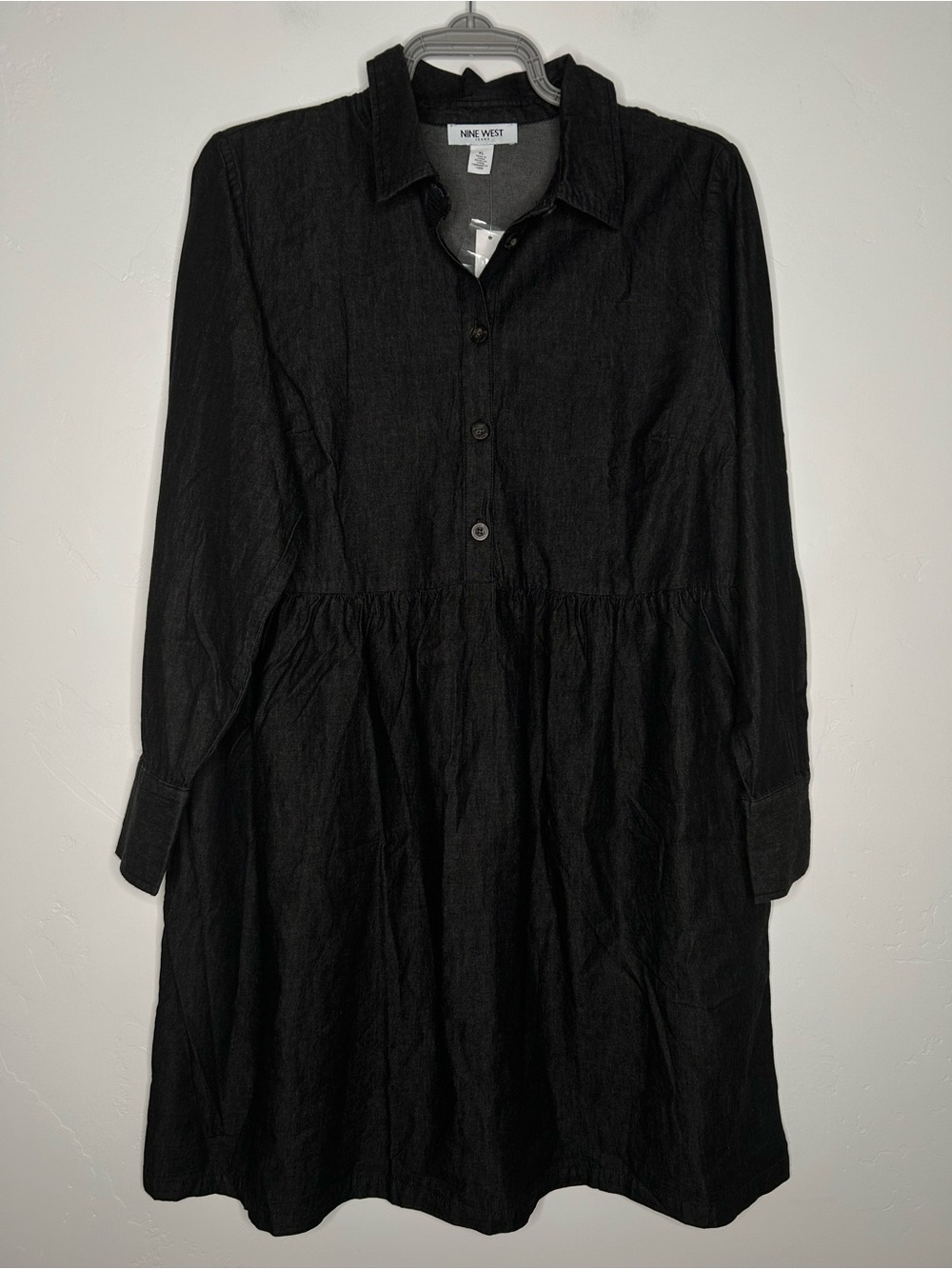 NWT Nine West Charcoal Grey Chambray Long Sleeve A-Line Mini Dress Size XL
